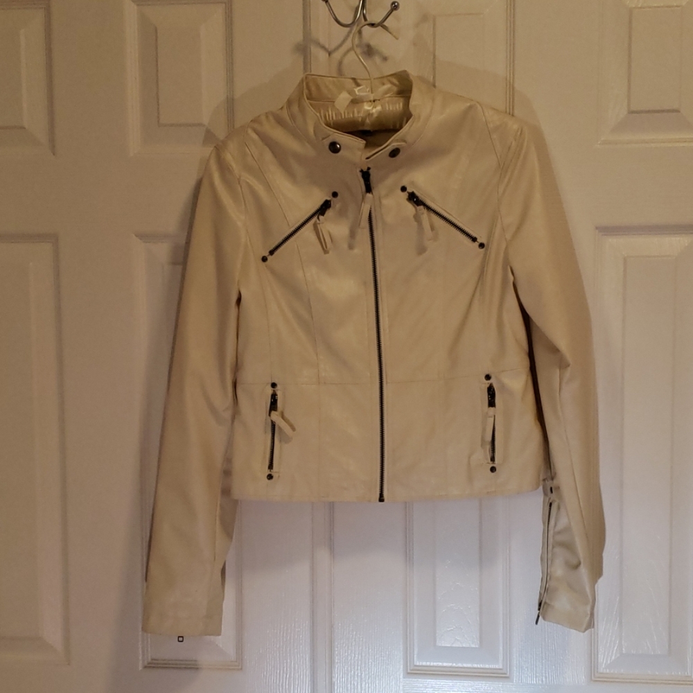 Faux Leather Ivory Zippered Jacket